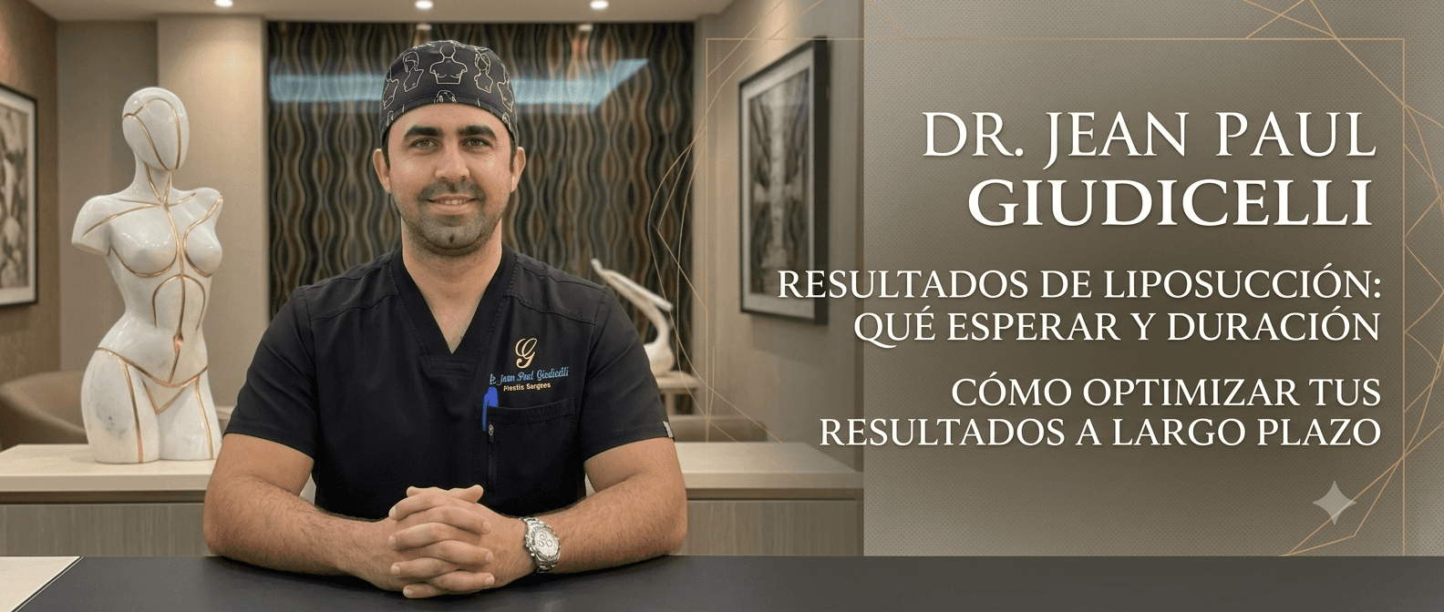 Dr. Jean Paul Giudicelli Saba at his desk, liposuction results guide cover